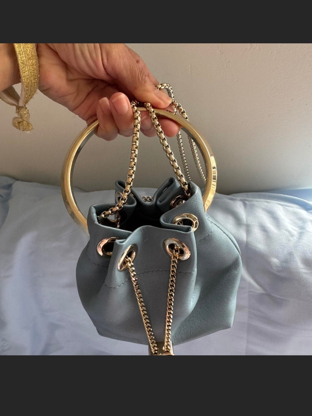 Jimmy Choo Powder Blue Leather Mini Ring-Handle Drawstring Bag - Picture 3 of 5